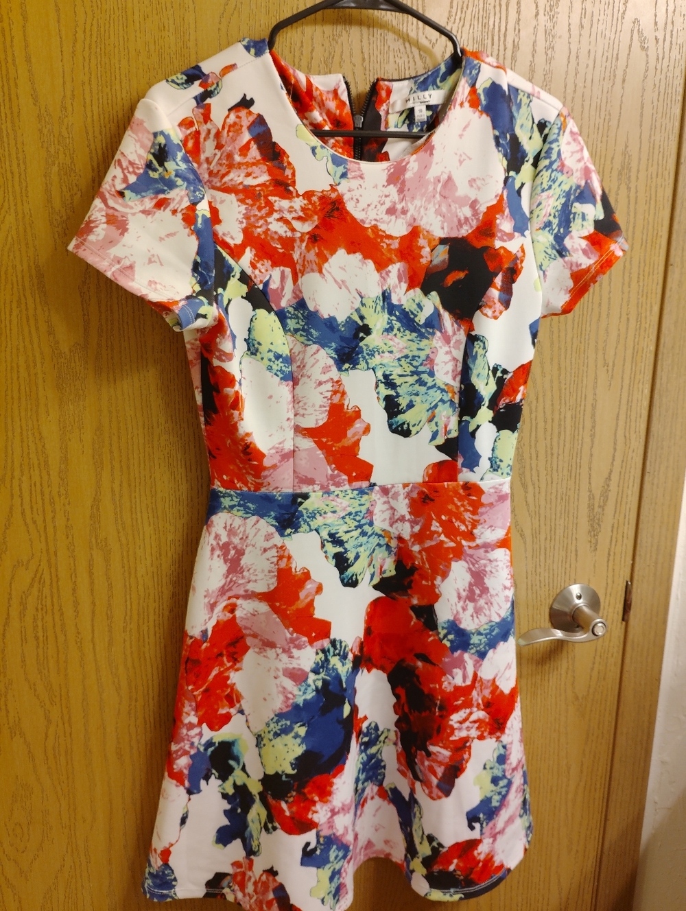 Milly White Floral Abstract Fit-and-Flare Mini Dress with Red & Blue Accents